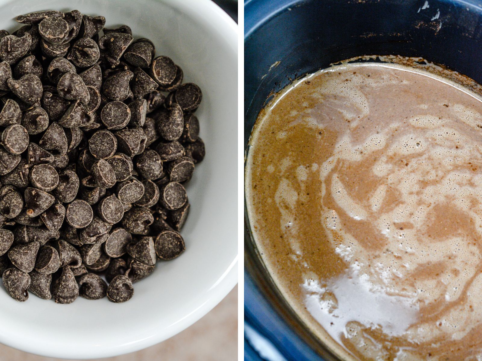 Collage image of chocolate chips in a white bowl and a black crockpot full of hot chocolate.