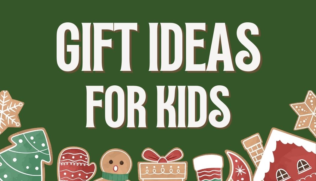 section header gift ideas for kids with green background and clip art at the bottom
