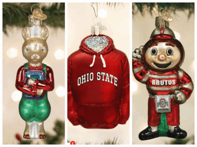 collage of 3 Old World Christmas ornaments - brutus the buckeye, ohio state sweatshirt - and llama holding a book.