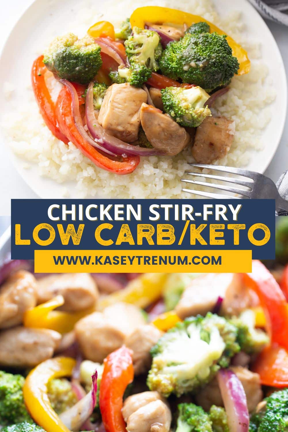 collage image of plated keto chicken stir fry over a bed of cauliflower rice with a blue banner and white and yellow lettering