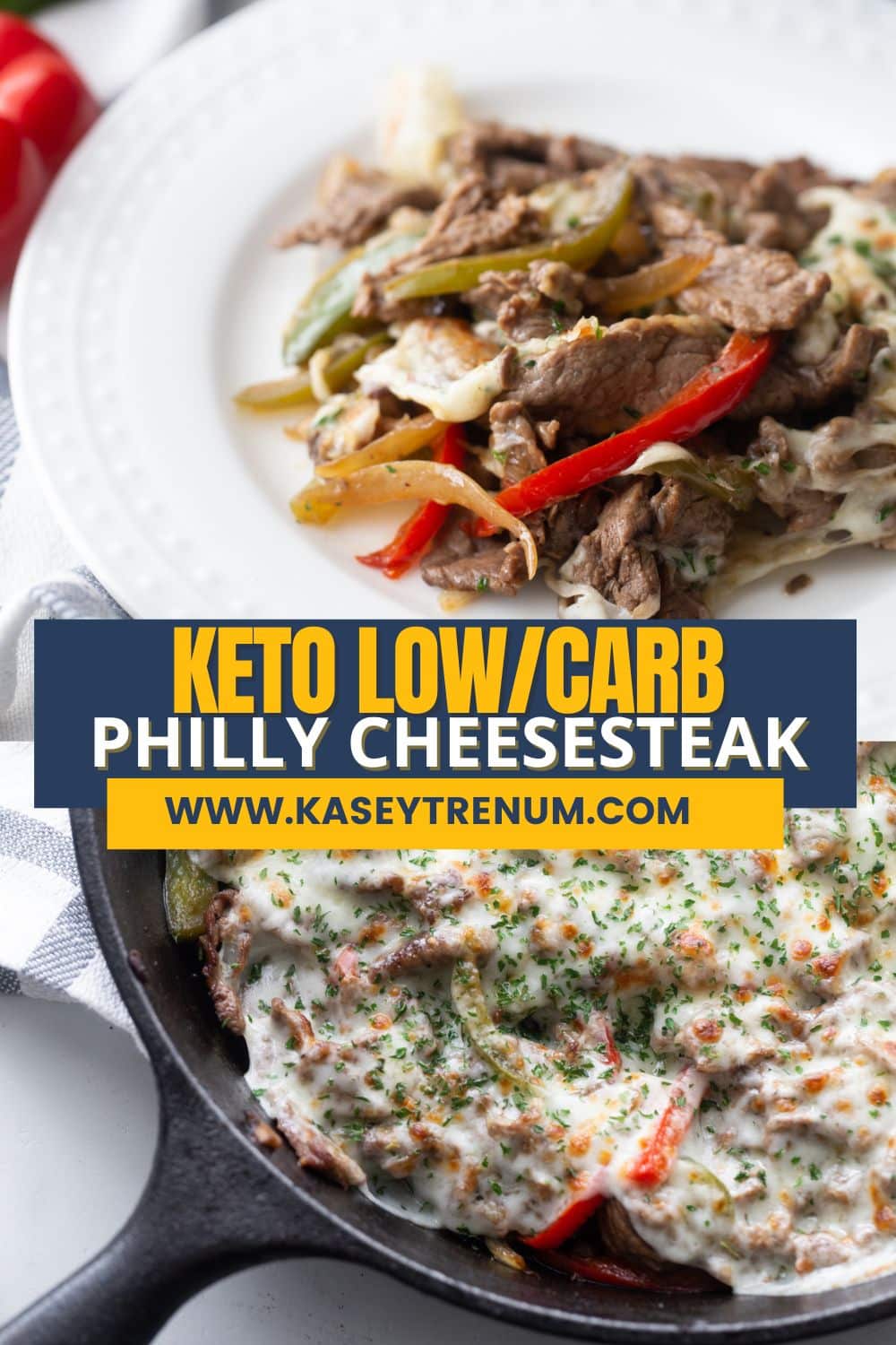 Collage image of finished philly cheesesteak keto casserole being served in cast iron skillet, with blue banner and yellow and white wording