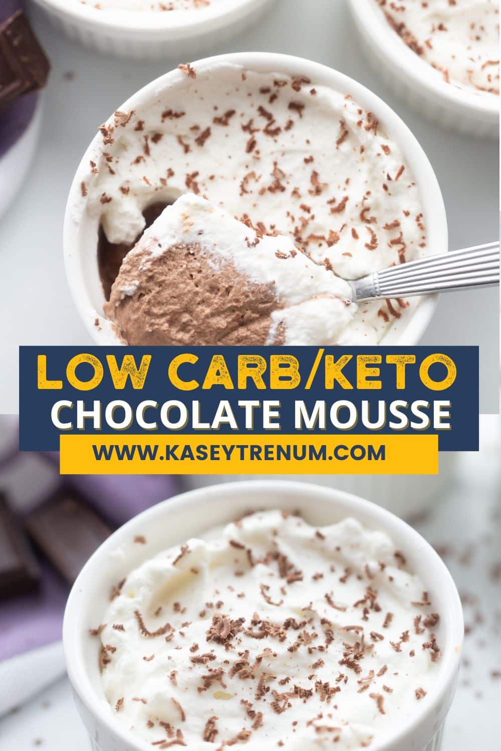 Collage image of keto chocolate mousse served in white ramekins with blue banner and yellow and white lettering
