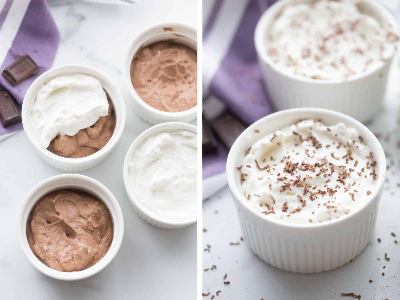 Collage image of assembled keto chocolate mousse in white ramekins