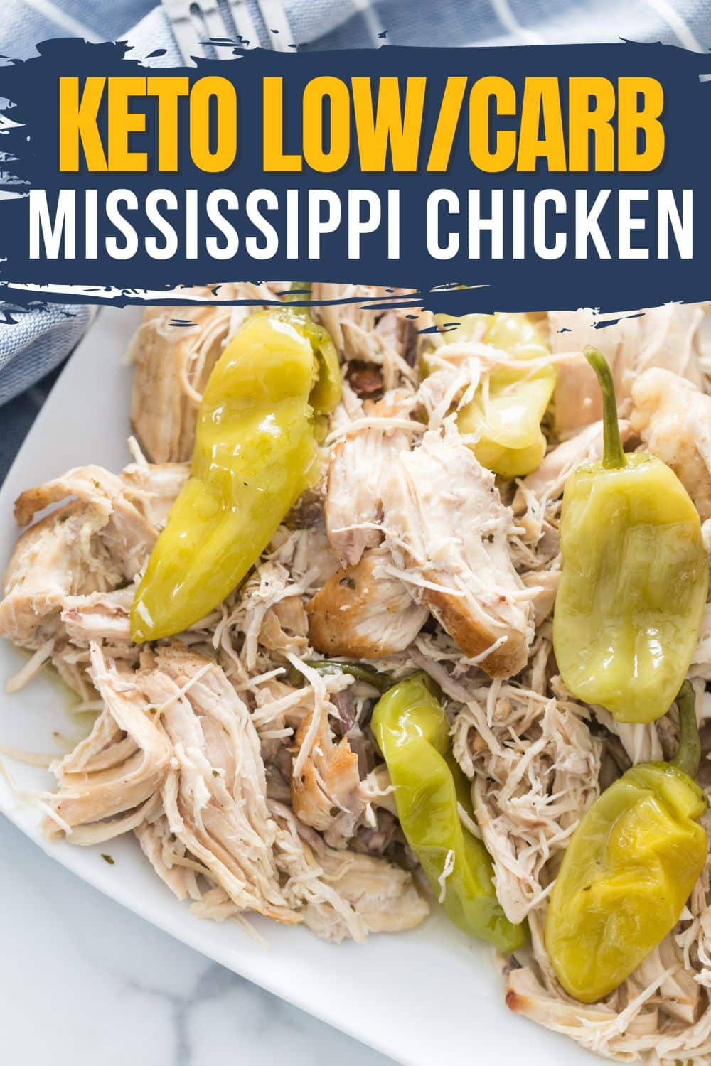 Image of finished mississippi chicken crock pot recipe with blue banner and yellow and white lettering