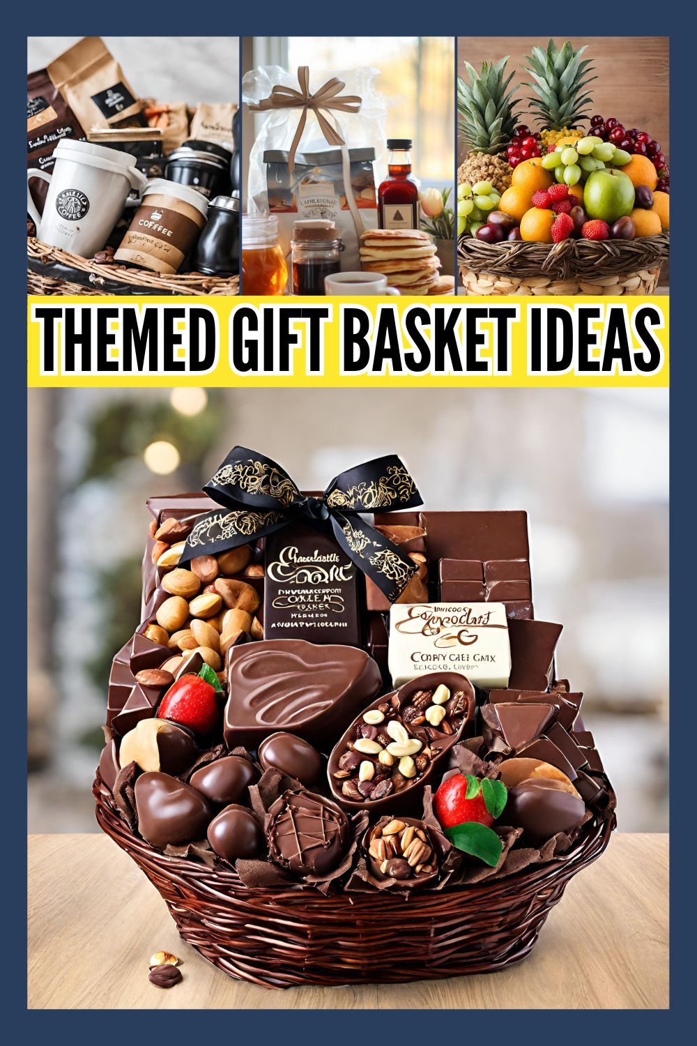 Collage of 4 themed gift baskets - coffee lover basket, breakfast in bed basket with pancakes and fruit, assorted fruit healthy basket, chocolate gift basket