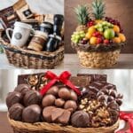 chocolate themed gift basket, coffee themed gift basket, fruit gift basket in a collage