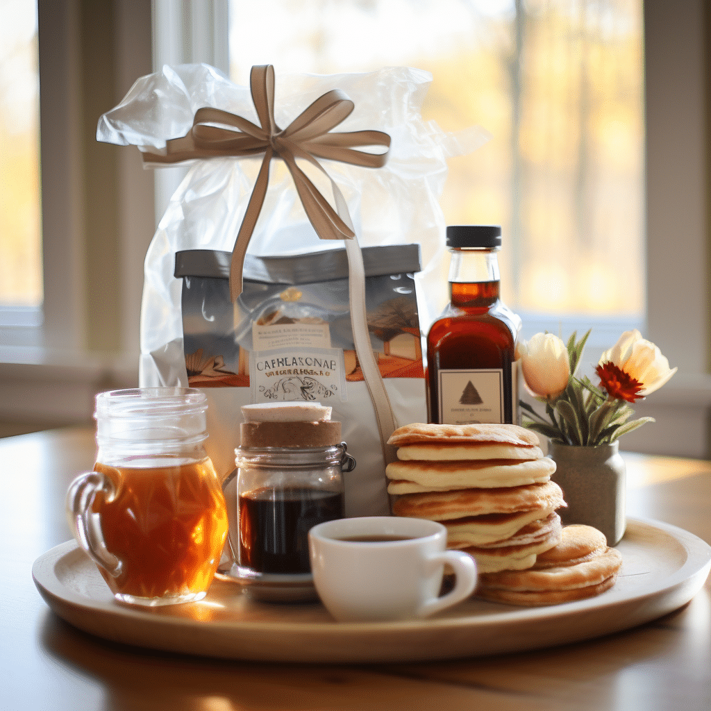 A breakfast in bed gift basket on a beige tray featuring honey, a vase with flowers, a stack of pancakes, syrup, coffee cup, and waffle mix