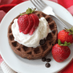 square image of placed keto chocolate chaffle quick recipe on red table cloth