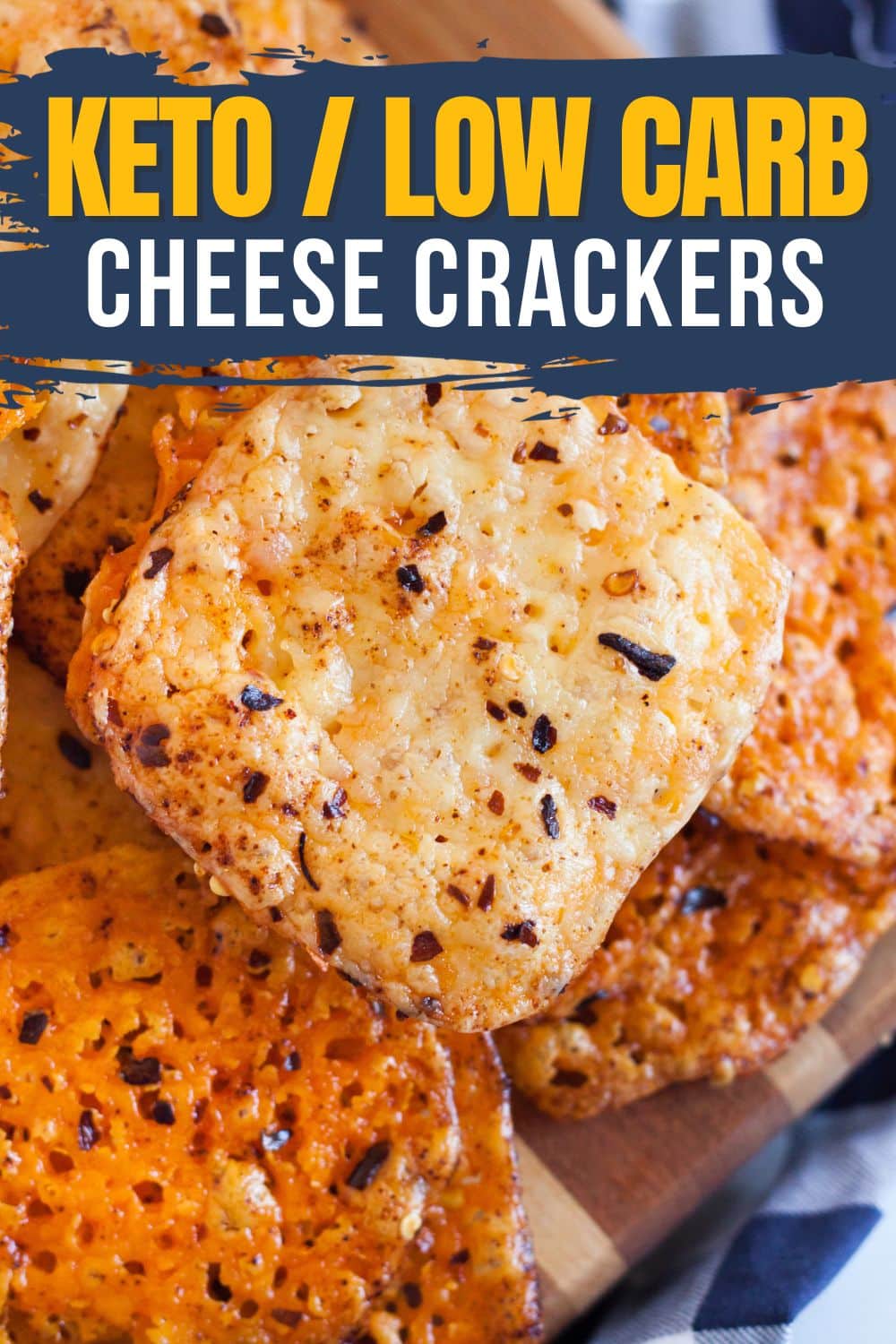Hero image of diy keto cheese crackers with blue banner and yellow and white lettering