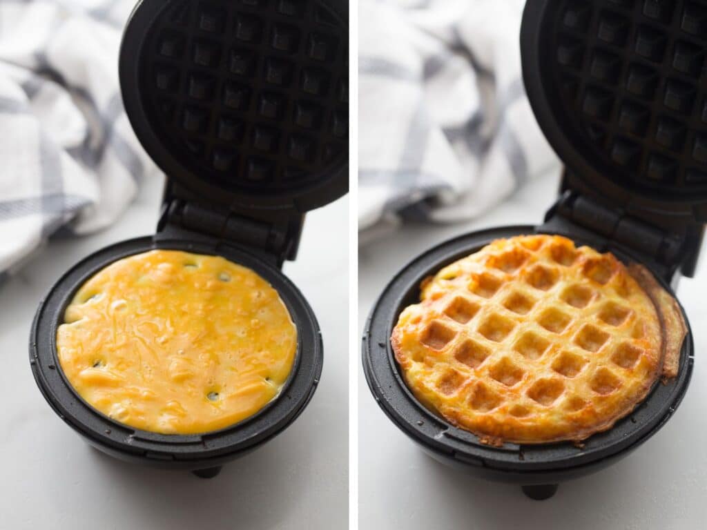 collage of chaffle batter in a waffle iron in one pic and a cooked chaffle in the dash mini maker in the other