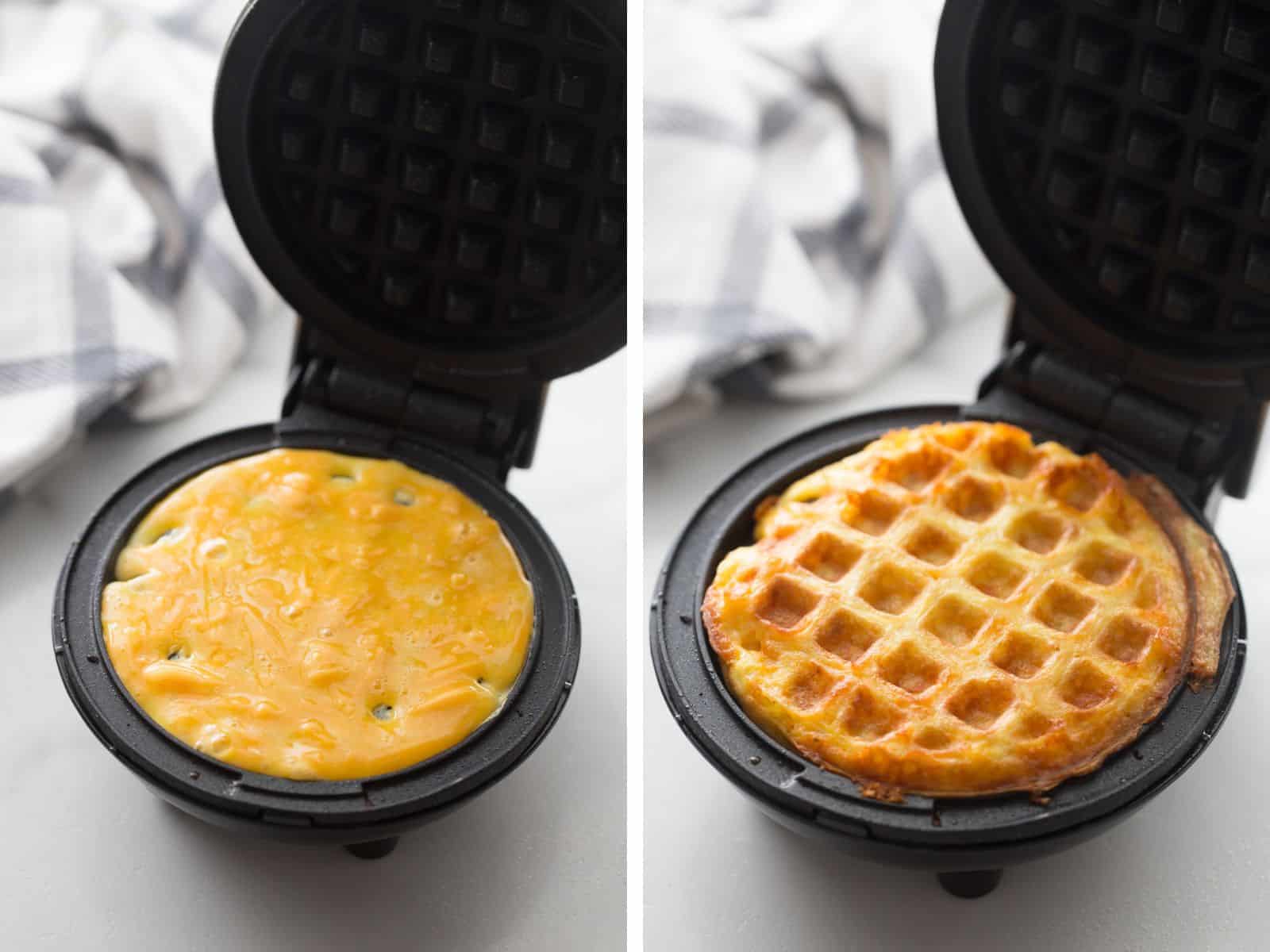 collage of chaffle batter in a waffle iron in one pic and a cooked chaffle in the dash mini maker in the other