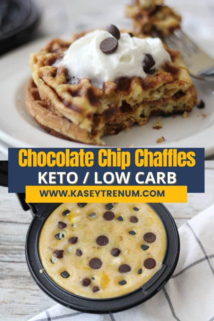 A 2-part image collage of Easy Low Carb Chocolate Chip Chaffles recipe showing ingredients baking in a mini waffle maker on bottom and the finished baked chaffle topped with whipped cream and chocolate chips on top. Keyworded headline text overlay draws attention to the mouthwatering photos.