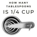 featured image text at the top that says how many tablespoons is 1/4 cup and a set of nexting measuring spoons and cups in stainless stell underneath