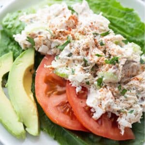 Overhead view of shredded chicken salad served on top of crisp lettuce leaves, garnished with tomatoes and avocado