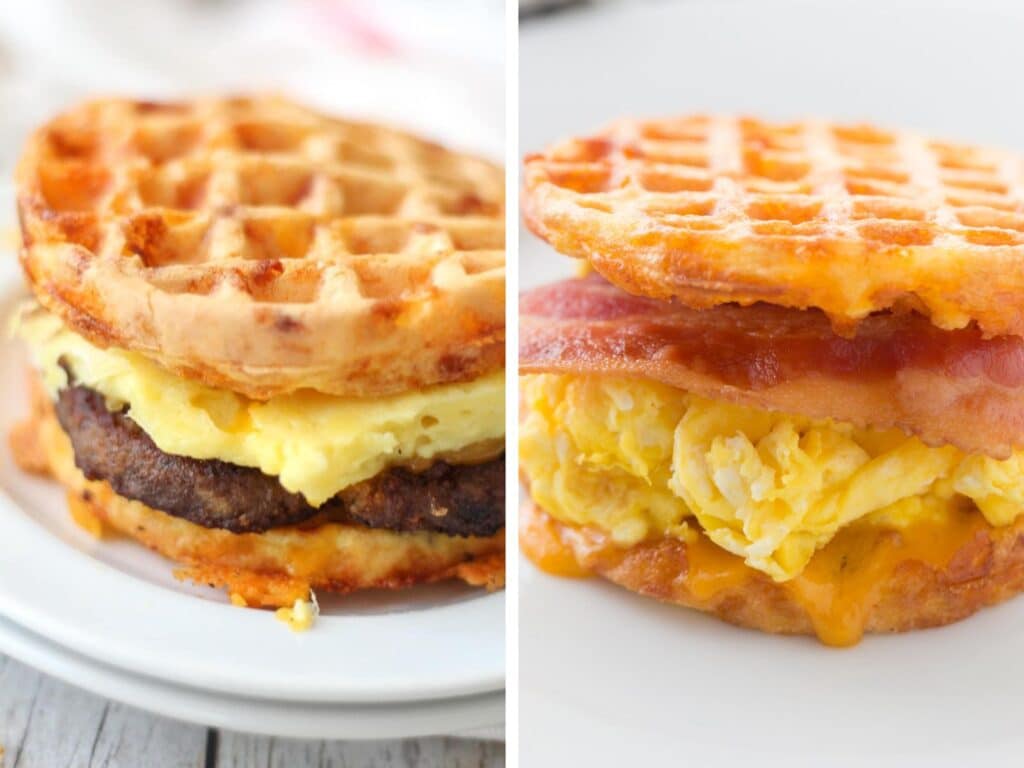 Two breakfast chaffle sandwiches including sausage egg and cheese on the left and bacon egg and cheese on the right, both served between golden brown chaffles showing melted fillings