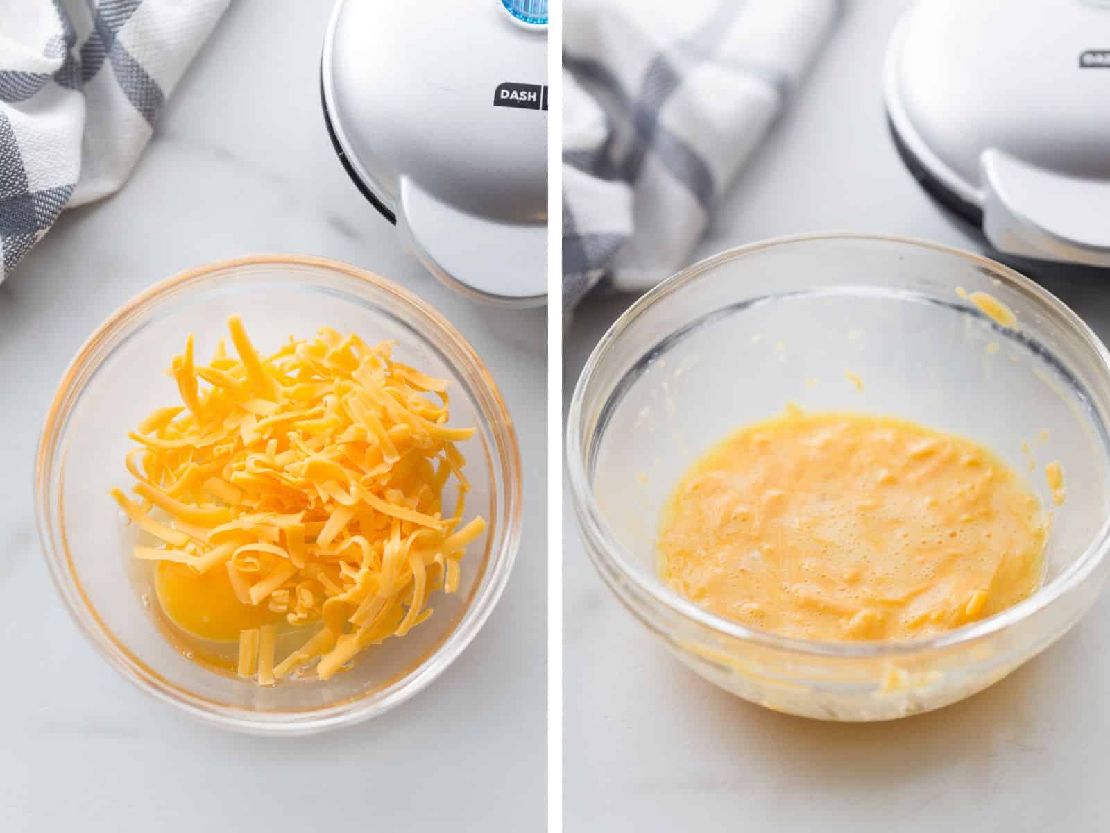 Side by side images of unmixed and mixed chaffle batter ingredients including eggs, shredded cheddar cheese, dash mini waffle maker, linen napkin in bowl ready to cook