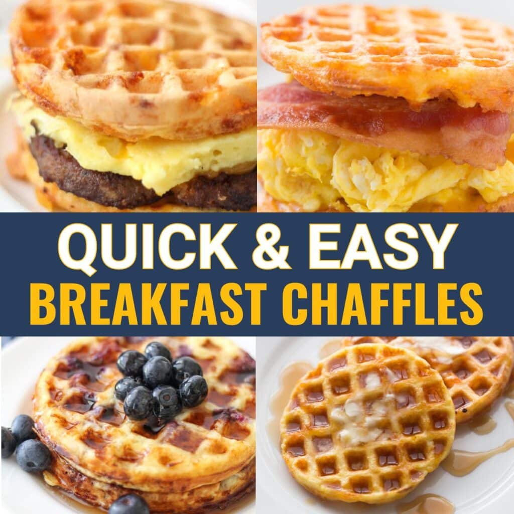 Mouthwatering chaffle creations: Crispy sausage egg cheese chaffle breakfast sandwich with flaky croissant chaffle in top left corner. Bacon egg and cheese breakfast sandwich in top right. text box in the middle that says quick and easy breakfast chaffles Stack of sweet blueberry chaffles drizzled with syrup and topped fresh berries bottom left opposite spiced pumpkin waffles with butter.