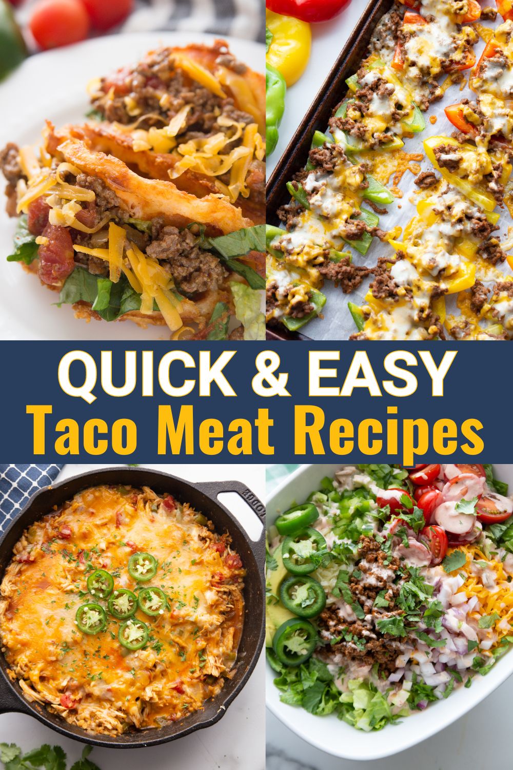 Collage of 4 images for recipes using leftover taco meat including taco chaffle, keto nachos, Mexican skillet, and taco salad, with "Leftover Taco Meat Recipes" text graphic spanning horizontally center of the collage.