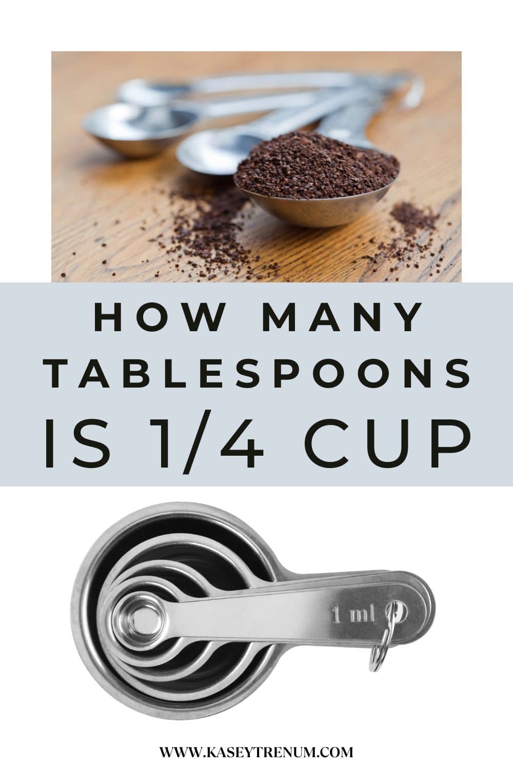 Photograph of measuring spoons fanned out at top, banner with text 'How Many Tablespoons is 1/4 Cup' in middle, three measuring cups nested in bottom