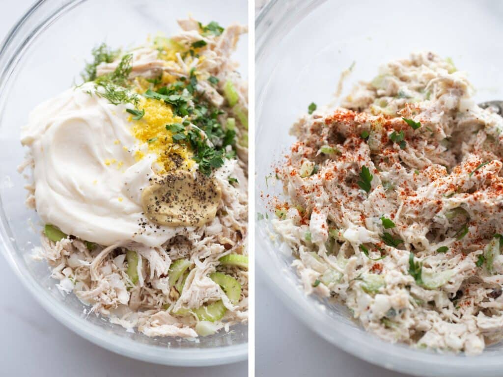 Before and after collage of keto chicken salad recipe showing ingredients layered over shredded chicken in left image and fully mixed salad with parsley garnish in right image