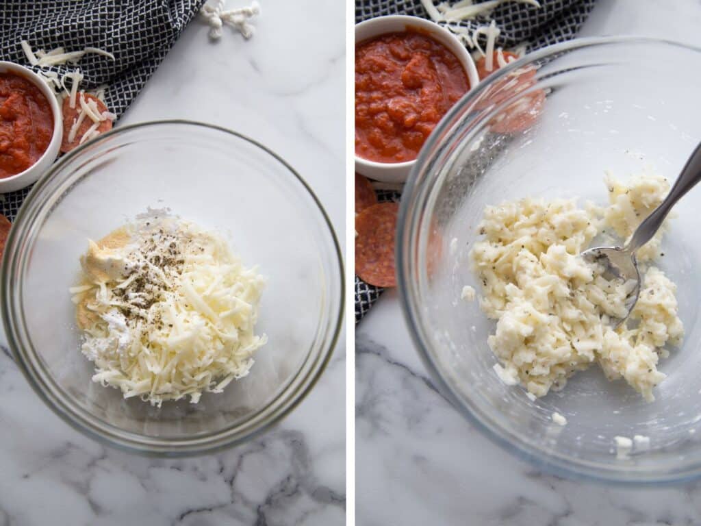 This two-part process collage displays how to prepare the batter for easy keto pepperoni pizza chaffles. The left photo reveals all dry and wet chaffle ingredients including egg, coconut flour, cream cheese, mozzarella, and seasonings measured out in a glass mixing bowl ready to combine. A topping garnish of mini marinara sauce ramekin and sliced pepperoni cheese is shown. The right collage image then shows the measured chaffle batter ingredients blended together into a thick, cohesive mixture ready to cook in a mini waffle maker to form the pizza crust base.