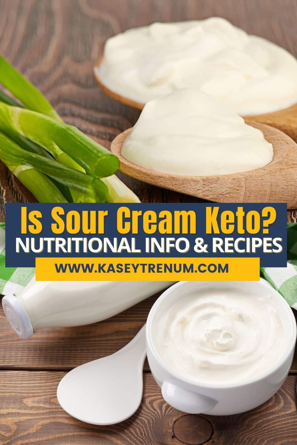 Is sour cream keto? Collage image with two pictures of sour cream in individual serving bowls on a medium wood background, with a blue banner and white and yellow lettering.