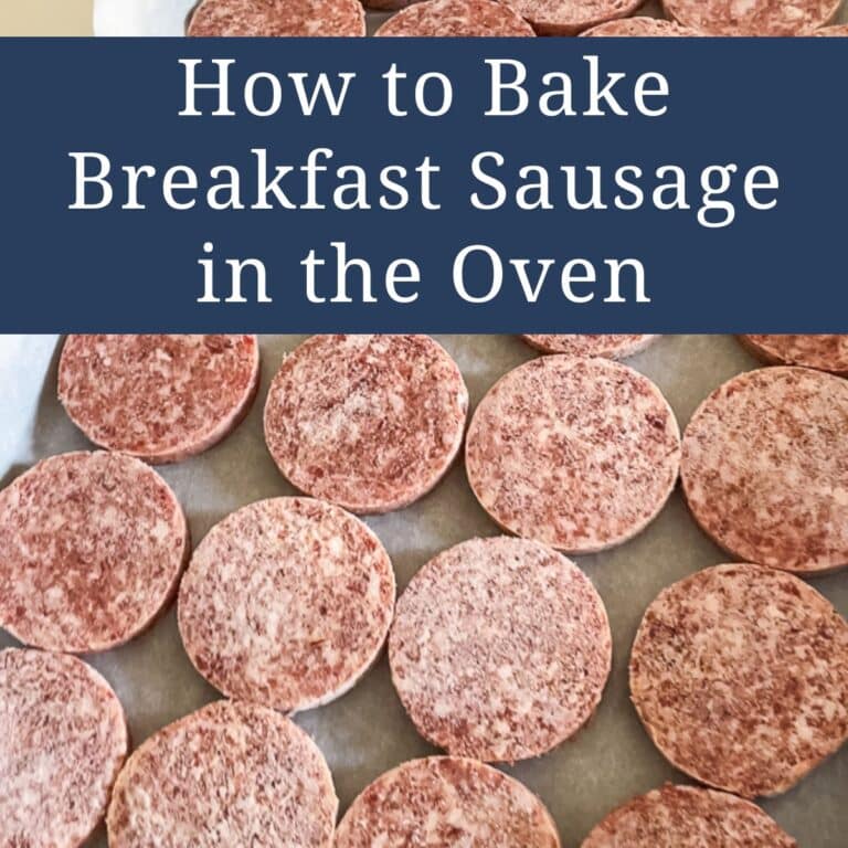 Overhead view of raw breakfast sausage patties arranged in rows on a parchment-lined baking sheet, with the text "How to Bake Breakfast Sausage in the Oven" overlaid on the image.
