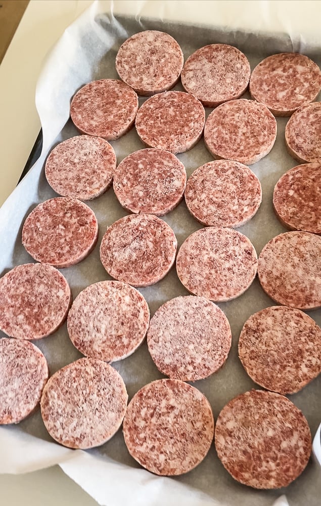 Overhead view of a parchment-lined baking sheet with raw sausage patties neatly arranged in rows, ready for baking in the oven.