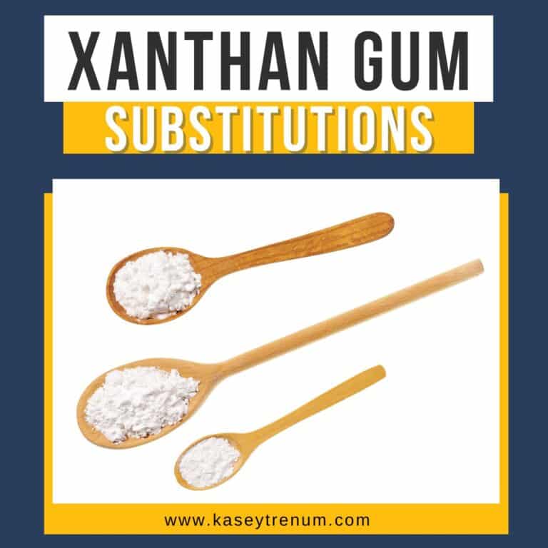 Collage featuring three wooden spoons holding xanthan gum substitutes: cornstarch, chia seeds, and ground flaxseeds. The image has a white background with a yellow and blue border containing the text 'XANTHAN GUM SUBSTITUTIONS' in bold lettering, perfect for gluten-free and low-carb baking alternatives.