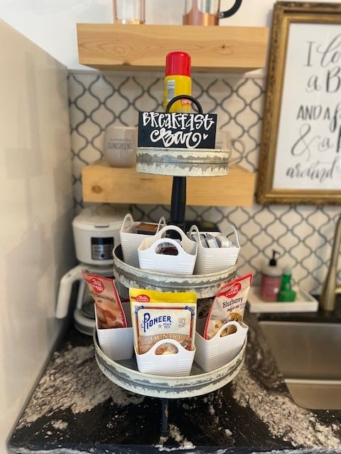 Breakfast caddy with several instant mixes as breakfast bar diy options.