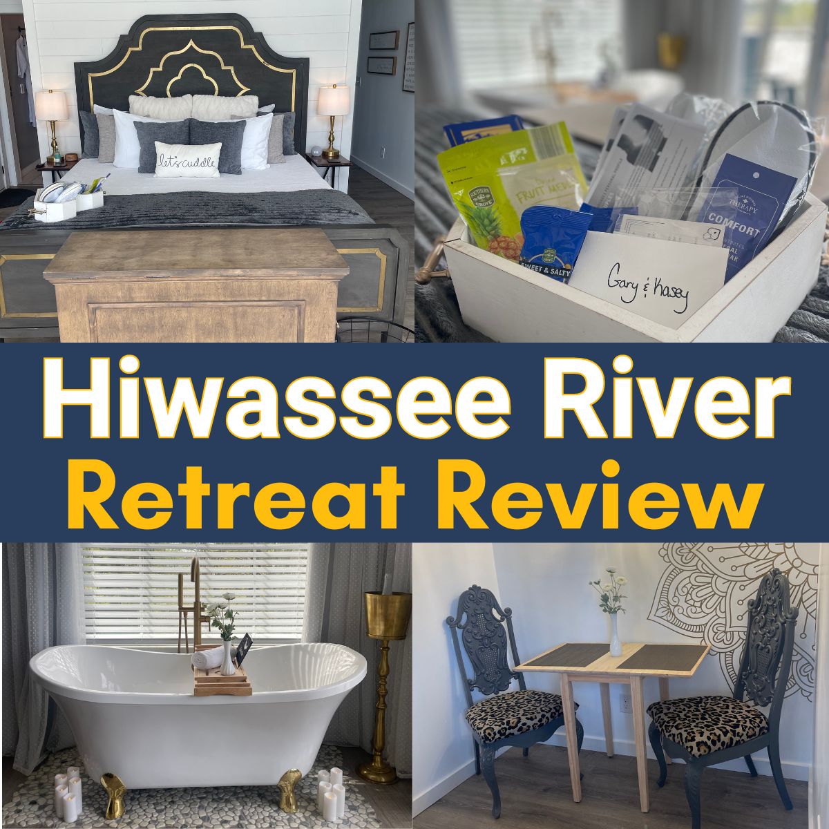 collage of four images showing pics of the interior of hiwassee river retreat - the bed, claw tub, table for two, and a heart gift basket