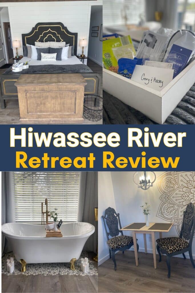 hero collage image of 4 pics of the interior of hiwassee river retreat with text box in the middle that says hiwassee river retreat review 