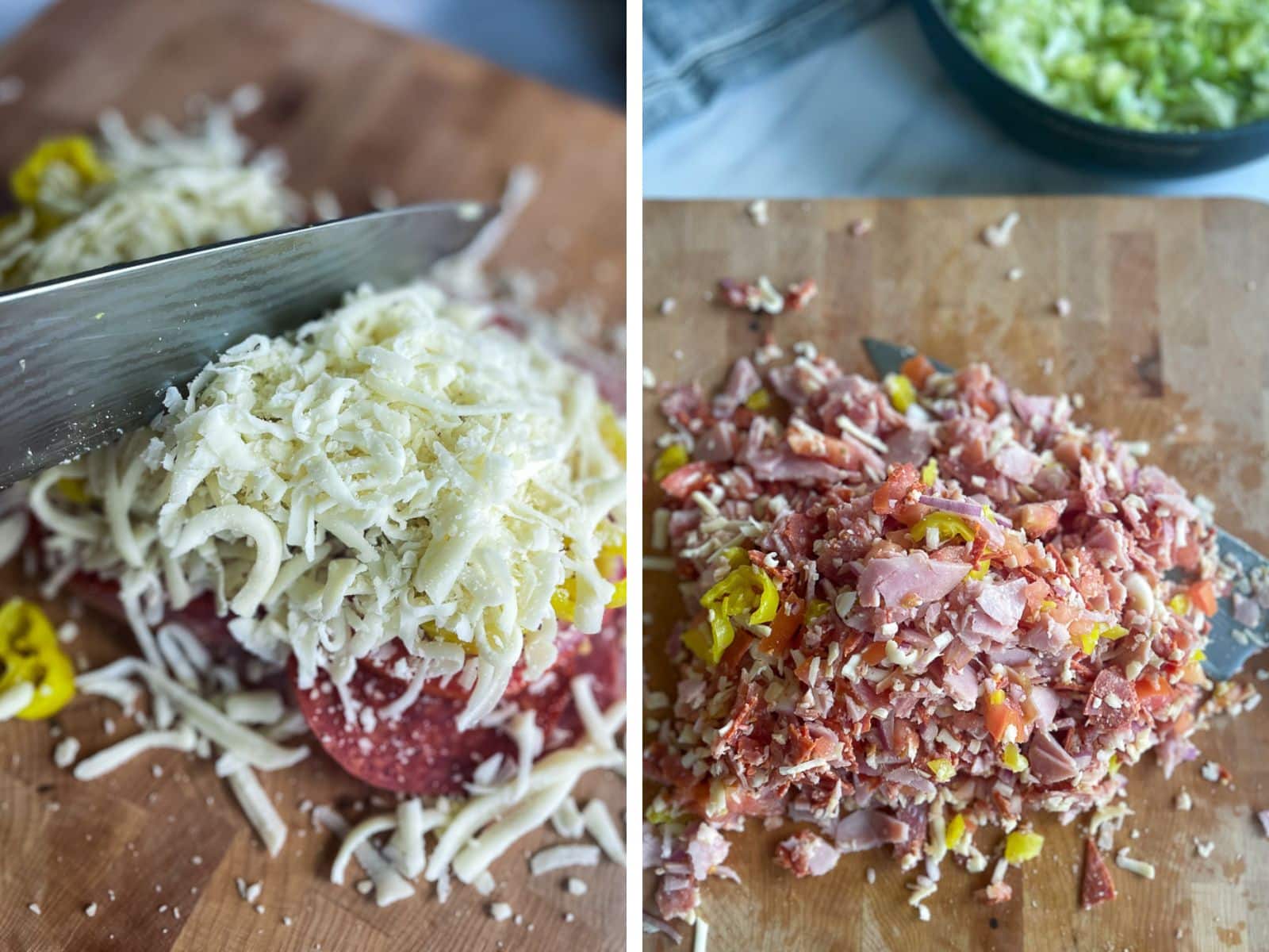 Keto Italian Grinder Salad Cheese Topping on a cutting board Collage