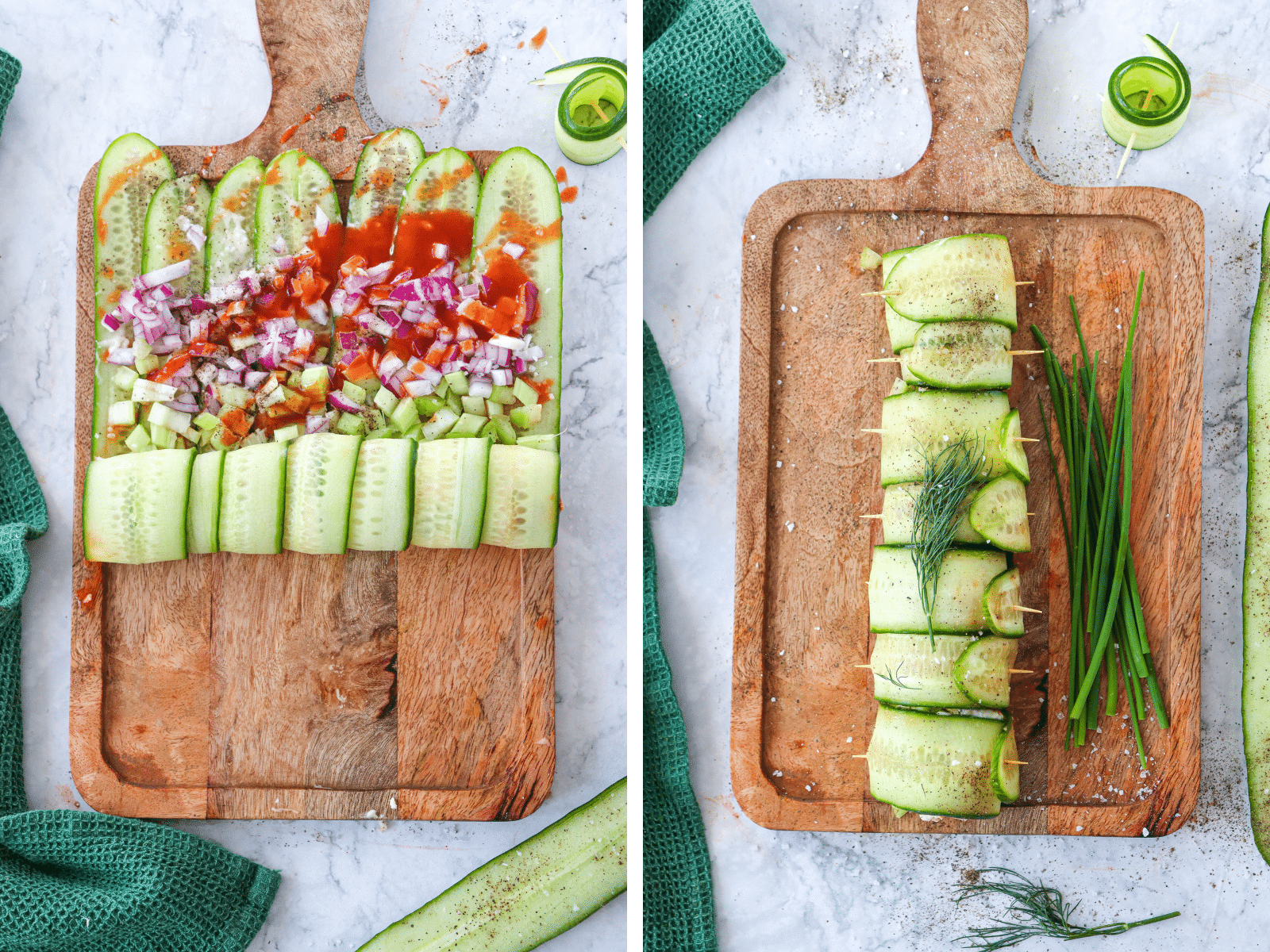 A collage image showcasing the process of rolling Buffalo Chicken Cucumber Rolls on a white counter and wood cutting board.