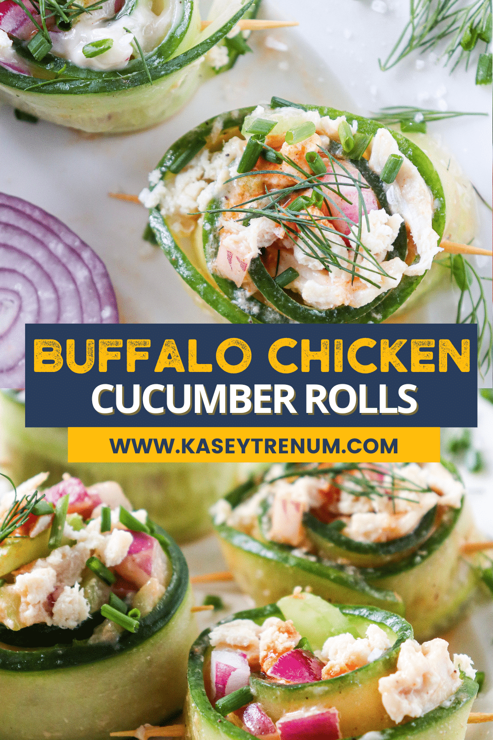 Buffalo Chicken Cucumber Roll recipe collage featuring a refreshing and delicious low-carb appetizer with a blue banner and yellow and white lettering.