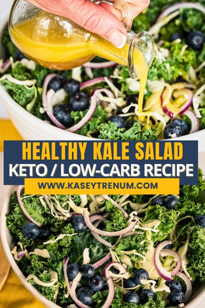 A collage featuring two pictures of a vibrant Kale Crunch Salad with blueberries and toasted nuts, served in a white bowl with a wooden spoon, accompanied by a blue banner with yellow and white lettering showcasing the salad name.