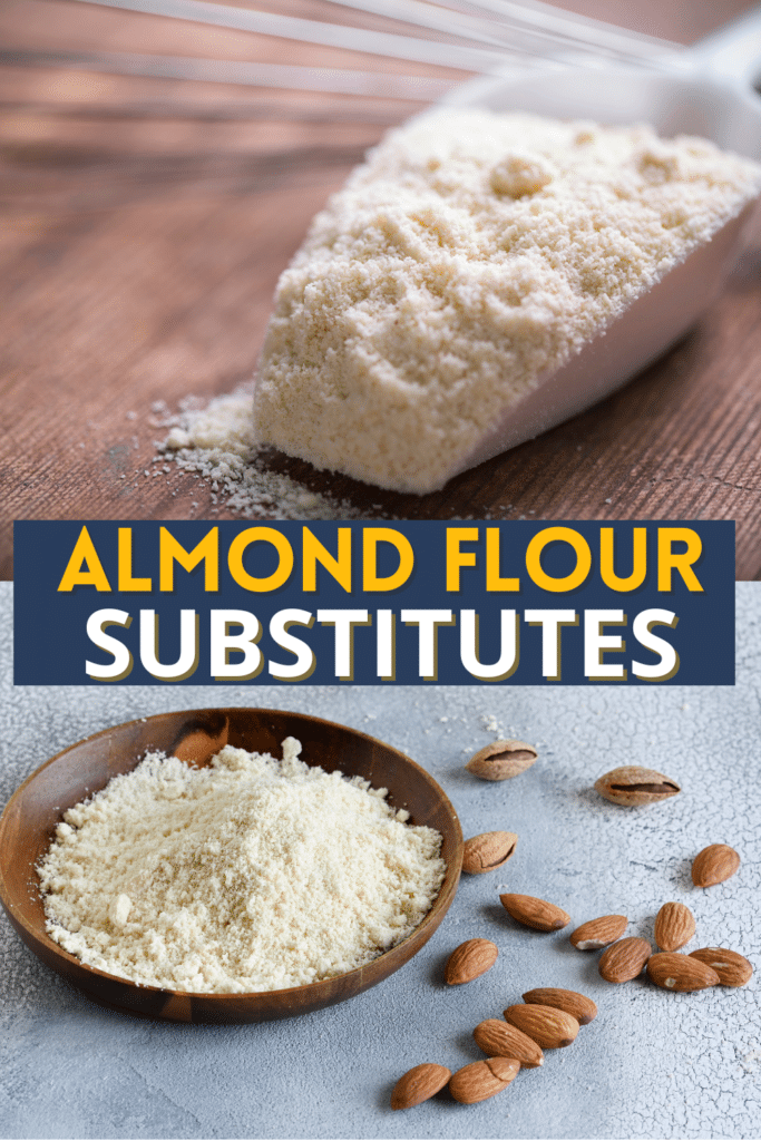 Wooden bowl and measuring scoop filled with almond flour, with whole almonds scattered nearby, on a concrete surface with text overlay "Almond Flour Substitutes", representing alternatives to almond flour in baking and cooking.