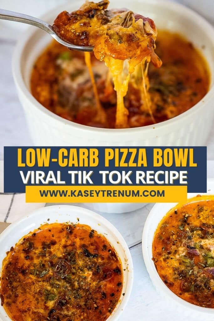 Collage of Low-Carb Pizza Bowl with cottage cheese, a viral TikTok recipe, featuring close-up shots of the cheesy, savory dish with melted mozzarella, ground beef, pepperoni, bell peppers, and onions served in individual bowls.