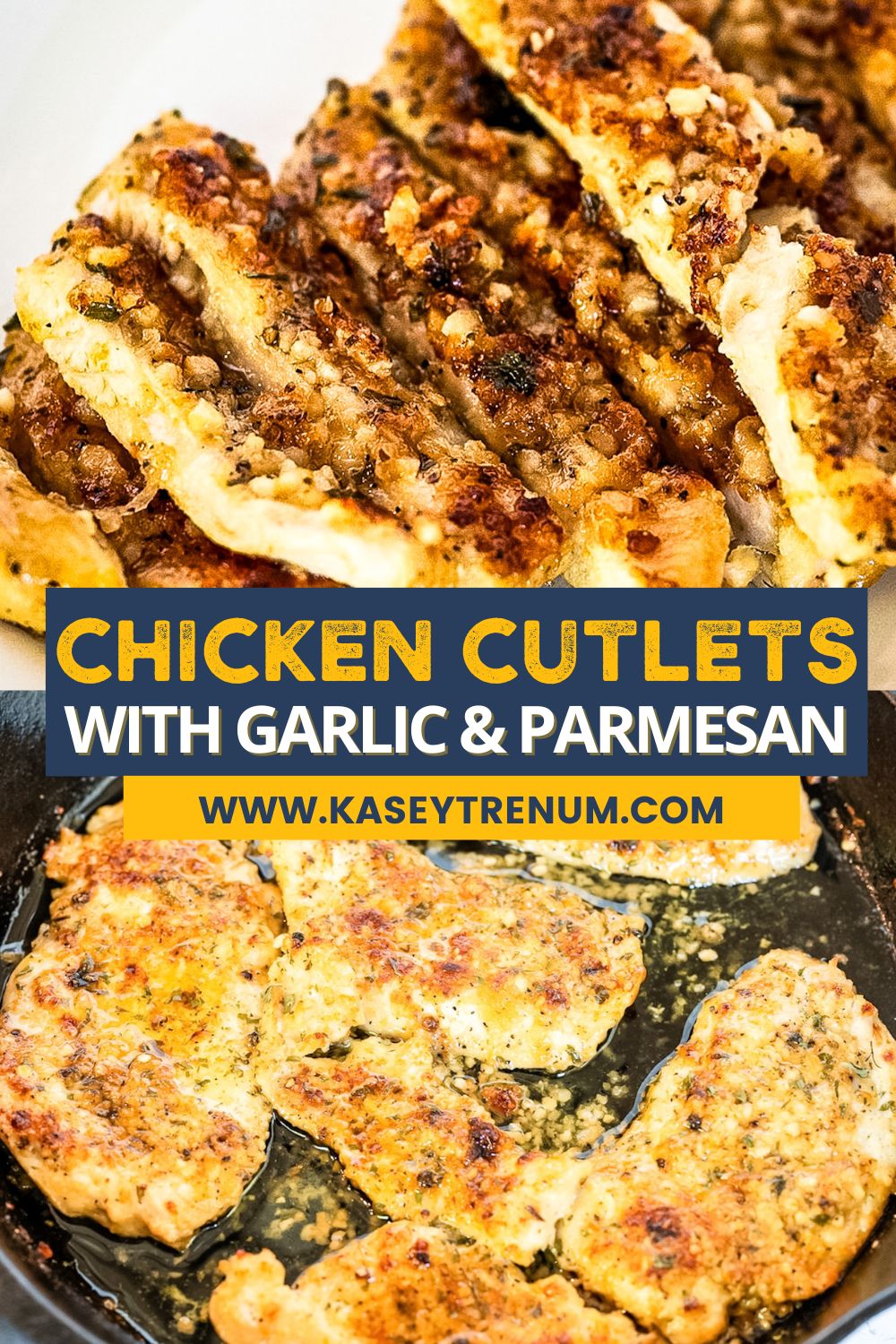 Collage of Garlic Parmesan Chicken Cutlets cooked in the oven, featuring the skillet and a sliced serving on a white plate, with a blue banner containing white and yellow text.