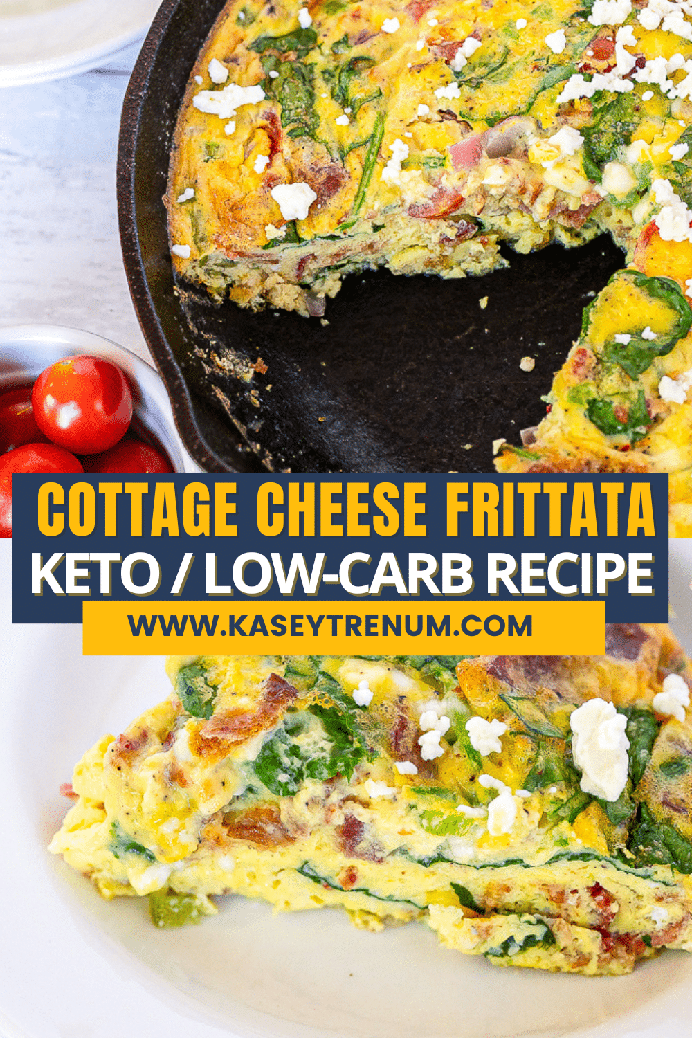A collage image featuring a close-up of a keto bacon and vegetable frittata in a black skillet with a slice cut out, and a picture of the sliced frittata served on a white plate.