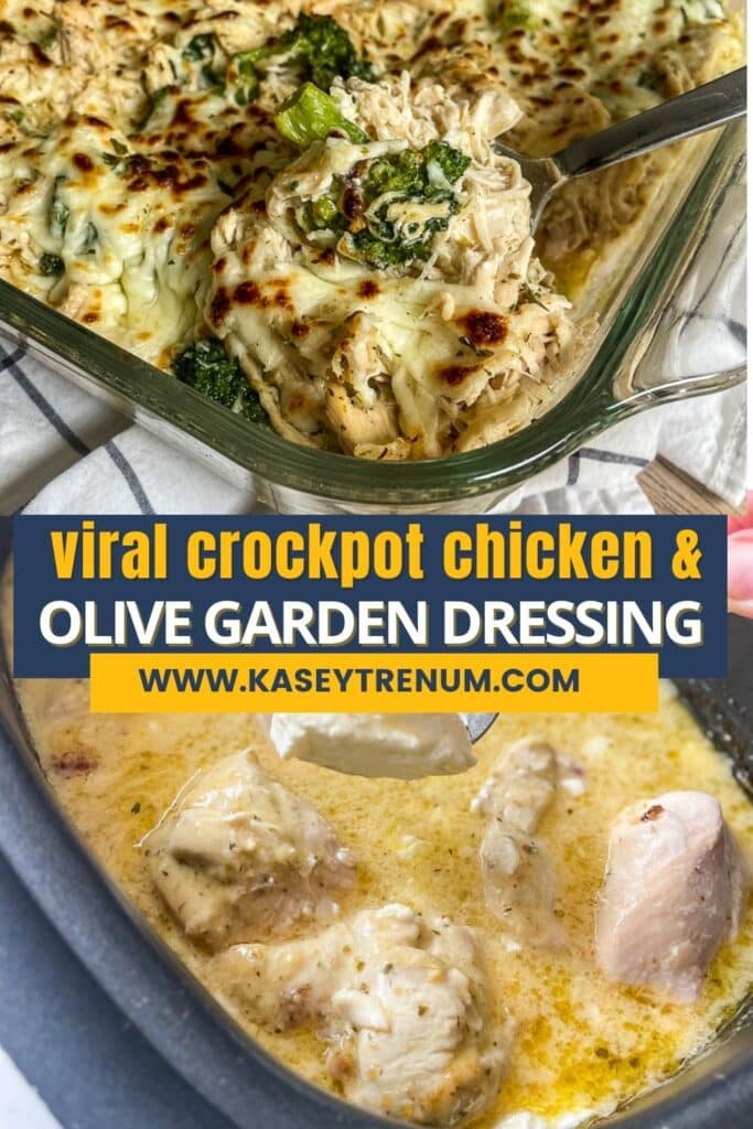 Collage of Crockpot Olive Garden Chicken recipe: Top shows final creamy chicken and broccoli casserole with melted cheese; Bottom displays slow cooker with cooked chicken in Olive Garden dressing; Center text reads 'Crockpot Olive Garden Chicken