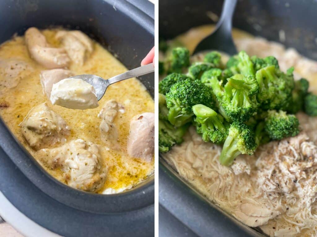Viral crock pot Olive Garden chicken recipe process: Left - adding cream cheese to cooked chicken; Right - shredded chicken mixed with creamy sauce and steamed broccoli in slow cooker