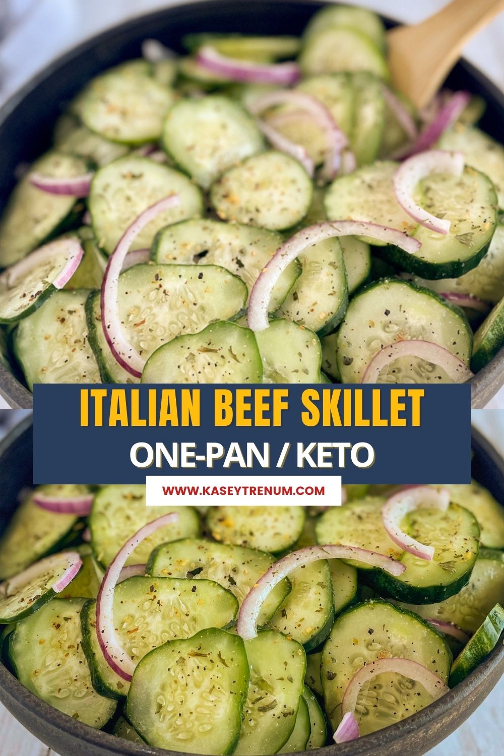 A Pinterest collage image featuring multiple close-up shots of a keto cucumber onion salad stacked vertically, with a banner in the middle displaying the recipe name in bold text.