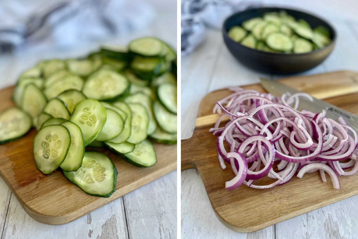 A collage image showing the step-by-step prep for keto cucumber onion salad: on the left, sliced cucumbers on a wooden cutting board, and on the right, a black bowl filled with cucumbers with sliced red onions in front, ready to mix.
