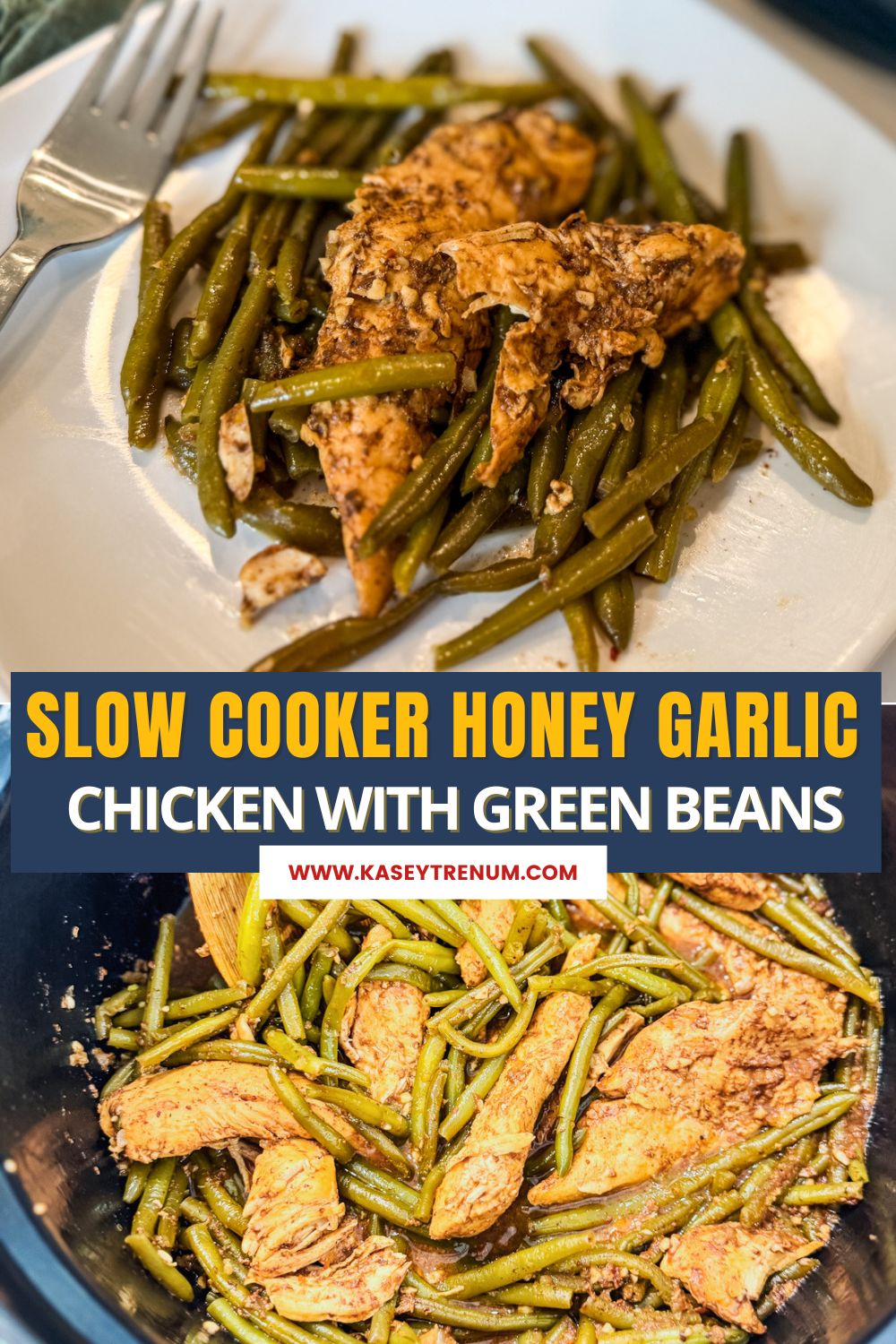 Pinterest collage showing plated keto garlic chicken with green beans and the cooked chicken and green beans in a slow cooker.
