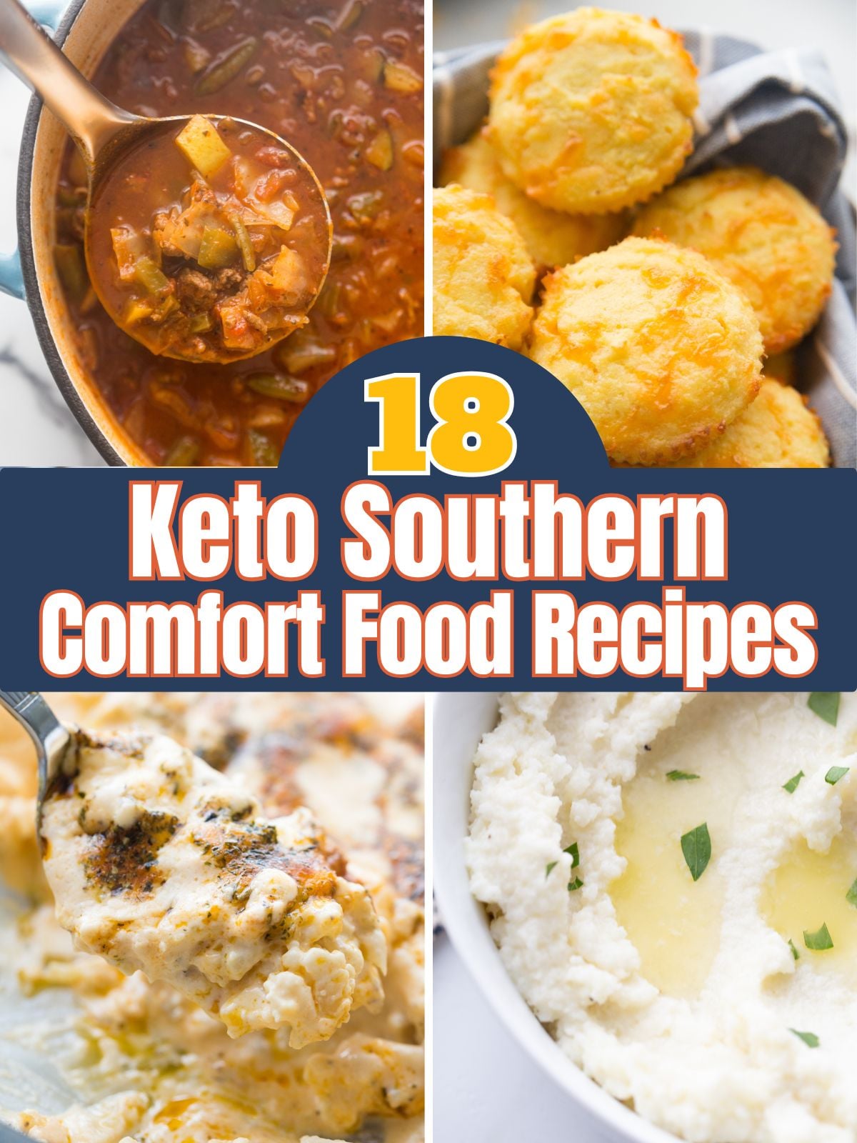 Collage of keto Southern comfort food recipes including pot roast, biscuits, casserole, and chicken pot pie