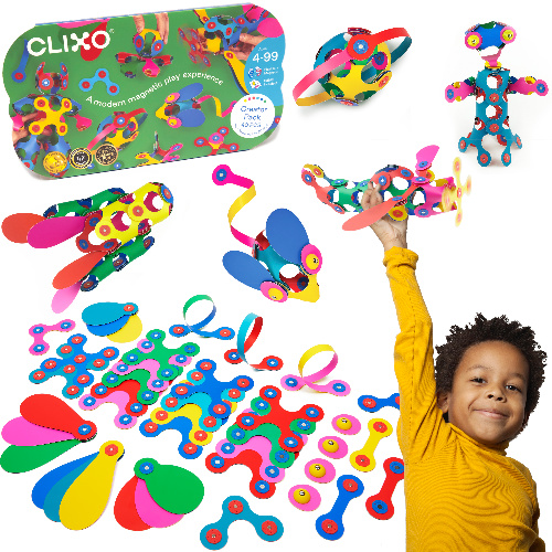 Clixo Creator Pack stock image with examples of products, packaging and child holding design they created
