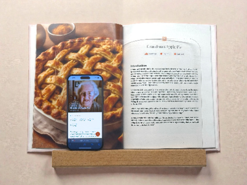 Culinage stock image with a recipe book open and a phone on top of it with a grandmothers picture
