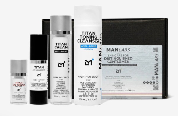 MANLABS Titan Sports Skincare Kit stock image of skin care products on white background