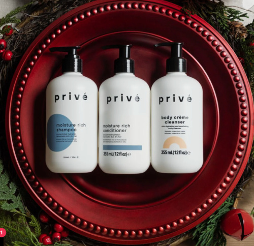 prive it's giving hydration stock image of shampoo, conditioner, and body wash